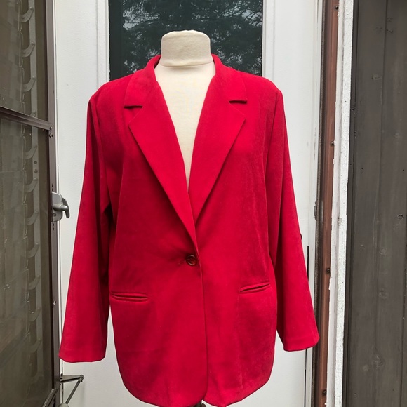 Vintage • Red Blazer Suede-Like Single Button - Picture 3 of 16